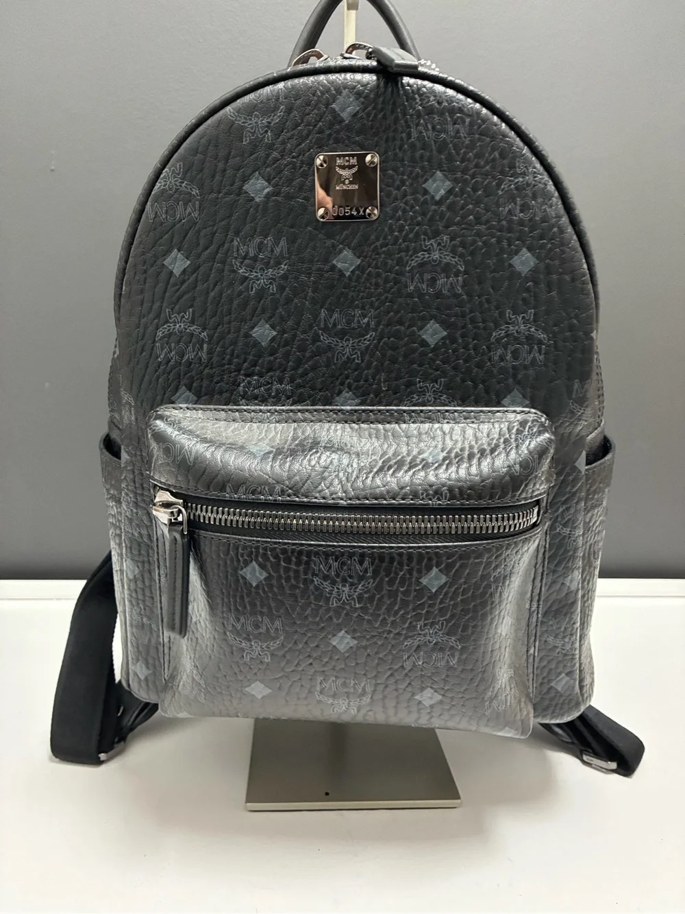 MCM Metallic Gray Monogram Backpack